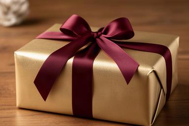 Feestelijke gouden cadeauverpakking met donkerrood lint op een houten tafel
