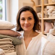Monieke Platenburg, interieurstylist van 1A Decor de Wit, in de winkel tussen linnen woontextiel